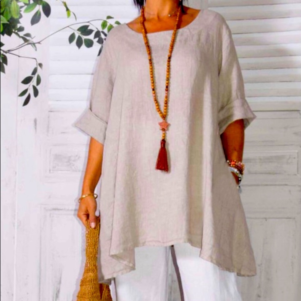 Linen Blouse Top with pockets. Langenlook.